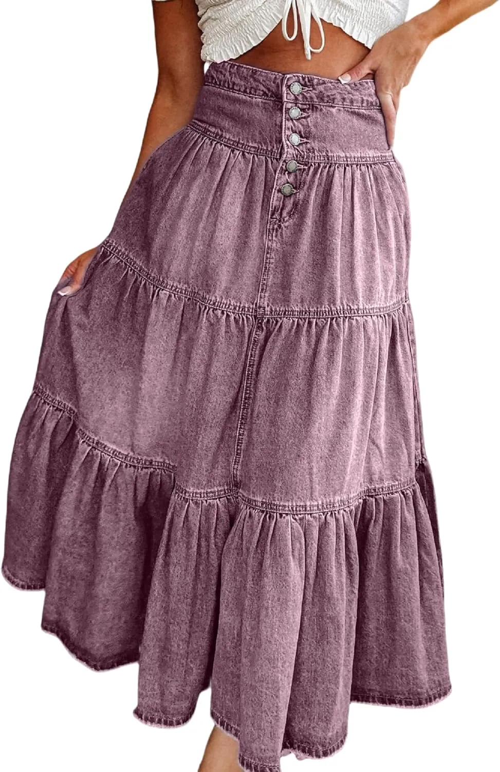 Seyumixi Women Tiered Denim Maxi Skirt Button Ruffle Flowy Jean Long Skirt High Waist A Line Jeans Midi Skirt