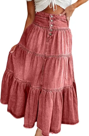 Seyumixi Women Tiered Denim Maxi Skirt Button Ruffle Flowy Jean Long Skirt High Waist A Line Jeans Midi Skirt