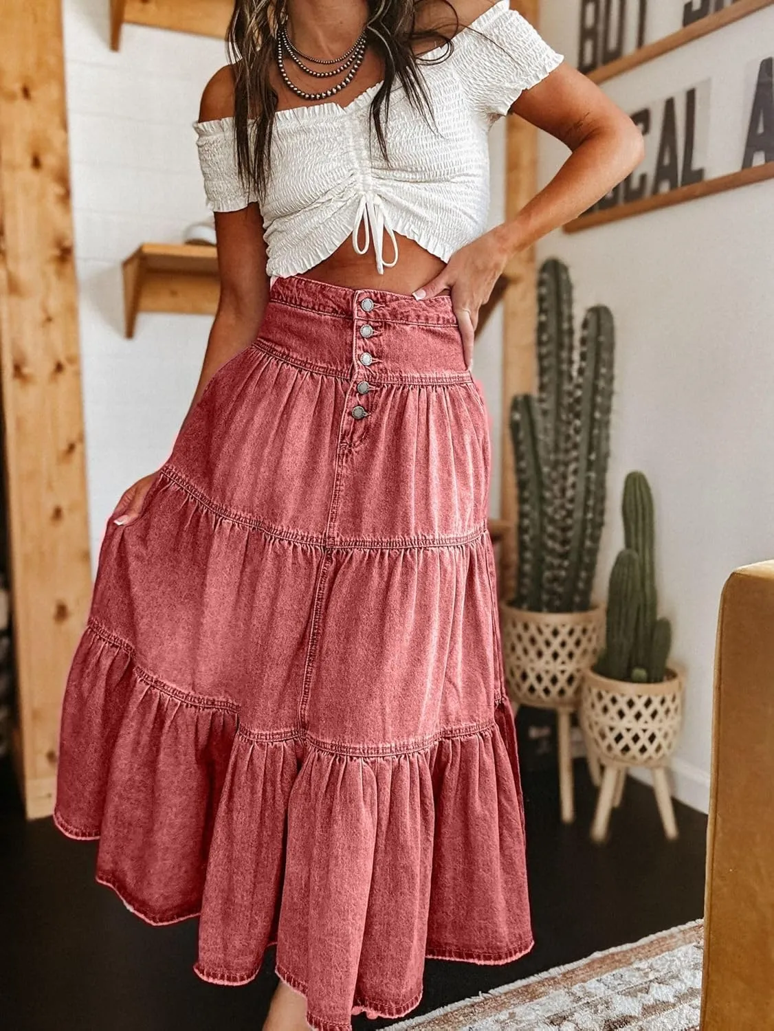 Seyumixi Women Tiered Denim Maxi Skirt Button Ruffle Flowy Jean Long Skirt High Waist A Line Jeans Midi Skirt