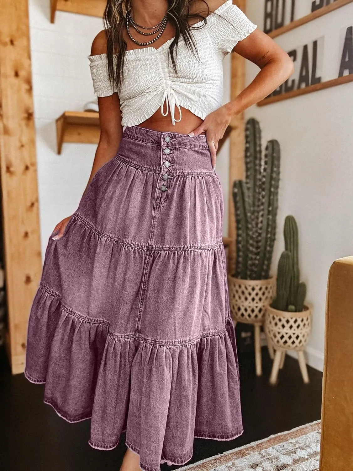Seyumixi Women Tiered Denim Maxi Skirt Button Ruffle Flowy Jean Long Skirt High Waist A Line Jeans Midi Skirt