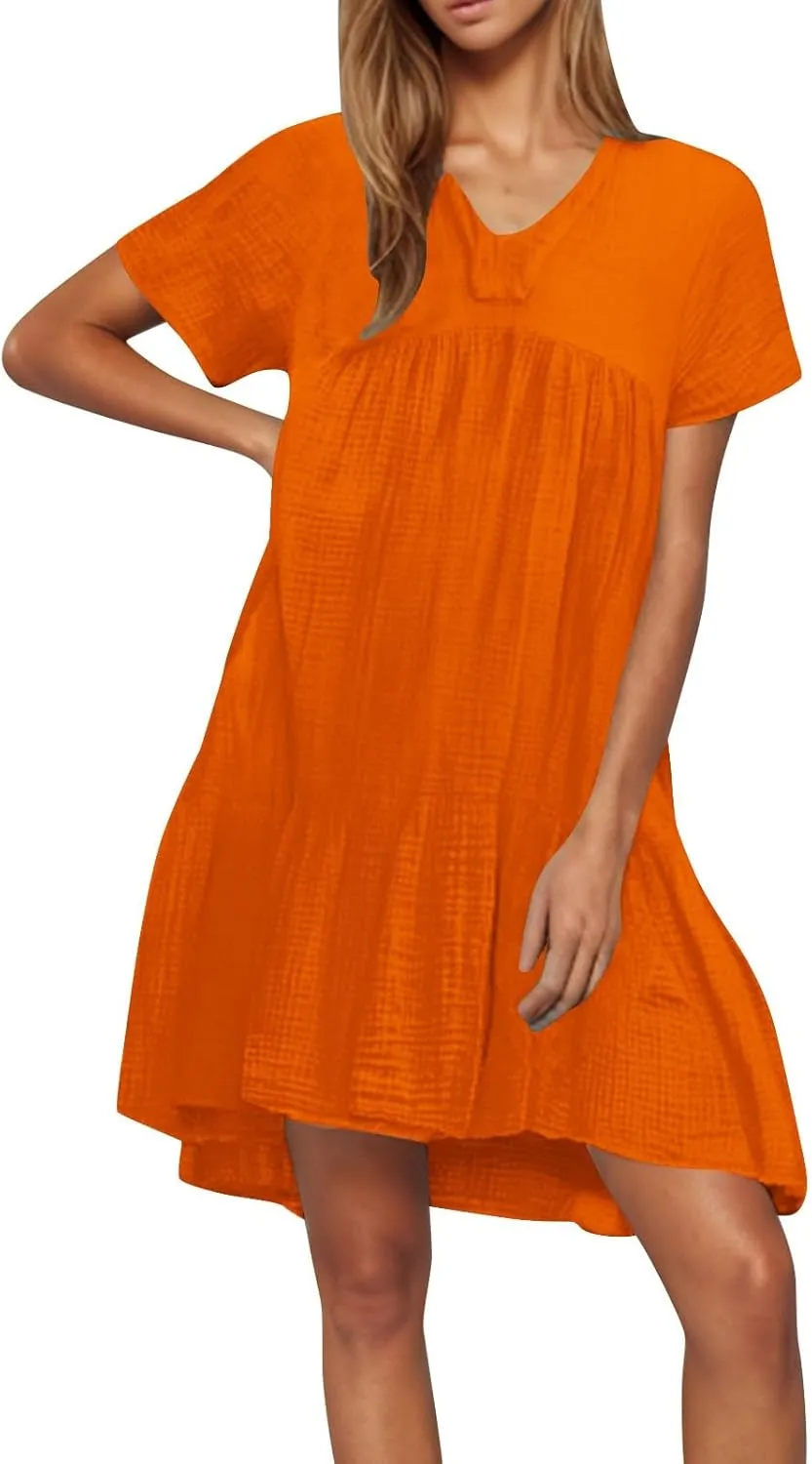 Short Sleeve Babydoll Dress for Women Summer V Neck Knee Length Holiday Sundress Casual Flowy Dress Plus Size