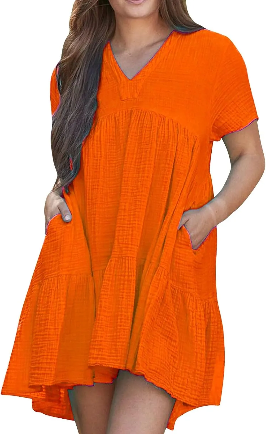 Short Sleeve Babydoll Dress for Women Summer V Neck Knee Length Holiday Sundress Casual Flowy Dress Plus Size
