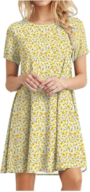 Short Sleeve Midi Dress for Women Floral Babydoll Dresses Crewneck Fit and Flare Dress Spring Break Dresses