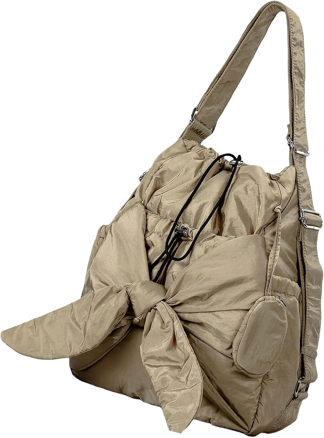 Shoulder HandbagNylon Bucket Bag with Pleated Drawstring Closure and Crossbody Strap for Women Large Capacity Handbag Bowknot Backpack