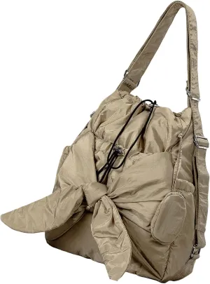 Shoulder HandbagNylon Bucket Bag with Pleated Drawstring Closure and Crossbody Strap for Women Large Capacity Handbag Bowknot Backpack