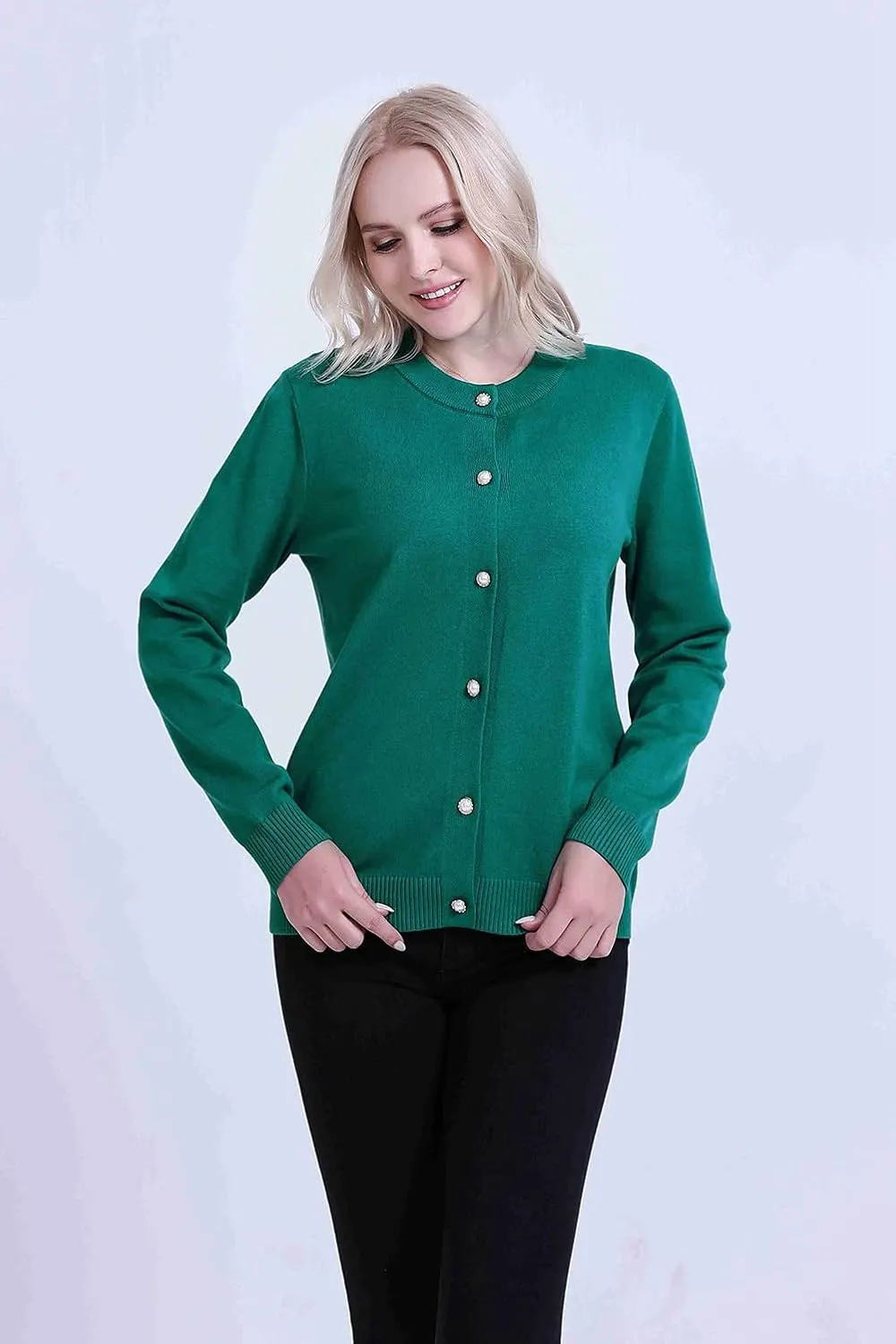 SMILING PINKER Women Cardigan Sweater Crewneck Pearl Button Knitted Tops Medium Weight