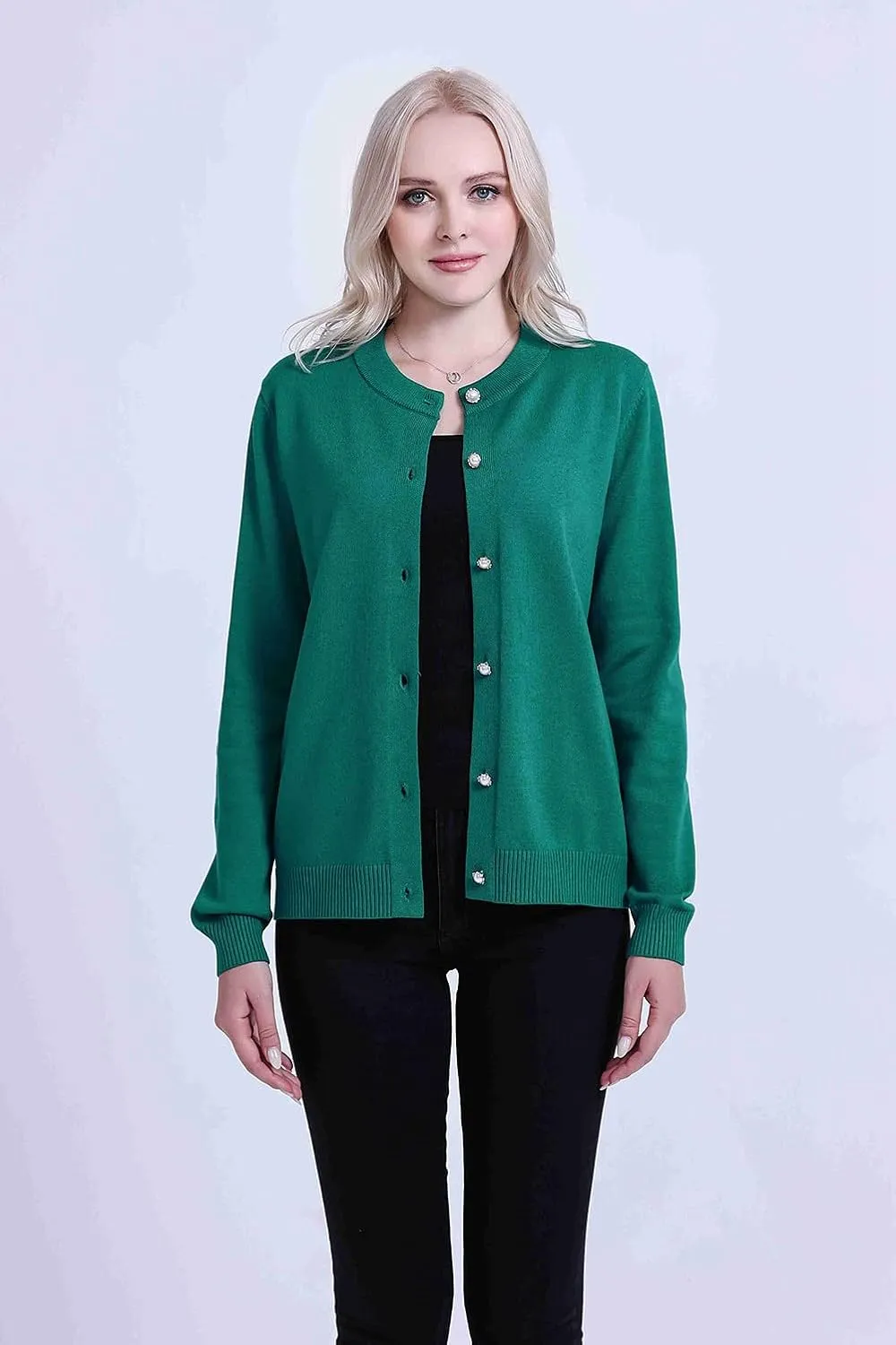 SMILING PINKER Women Cardigan Sweater Crewneck Pearl Button Knitted Tops Medium Weight