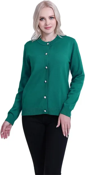 SMILING PINKER Women Cardigan Sweater Crewneck Pearl Button Knitted Tops Medium Weight