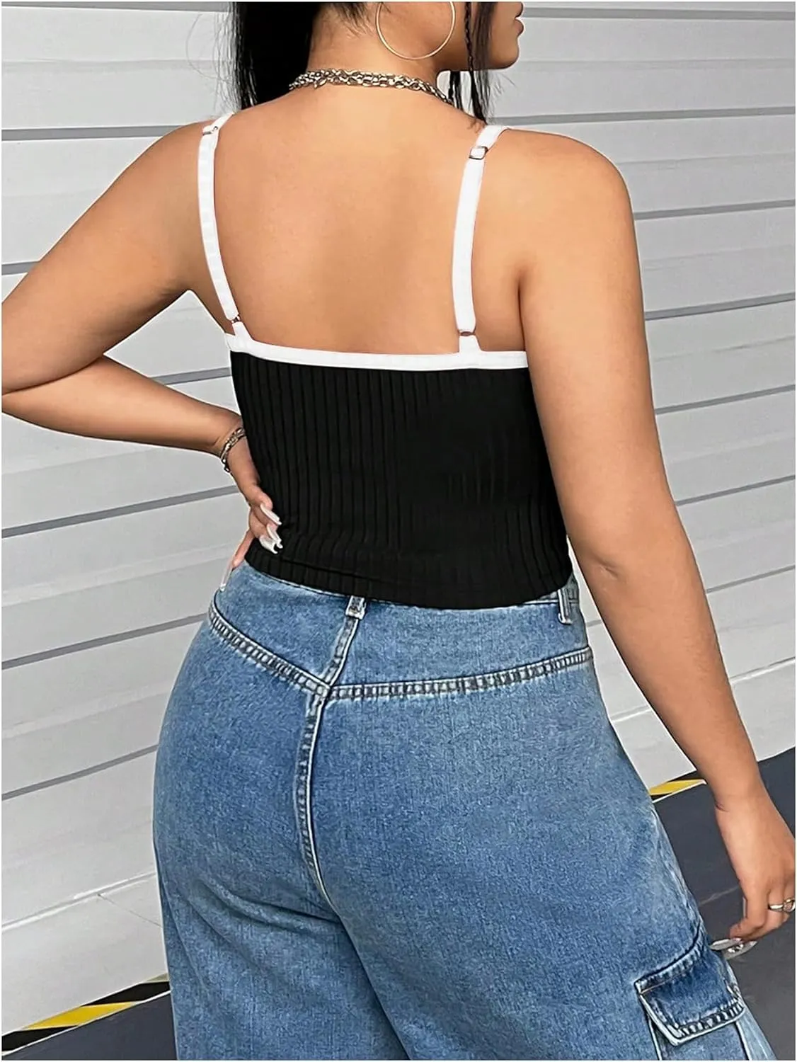 SOLY HUX Women's Plus Size Goth Cami Crop Tops Contrast Mesh Spaghetti Strap Summer Top