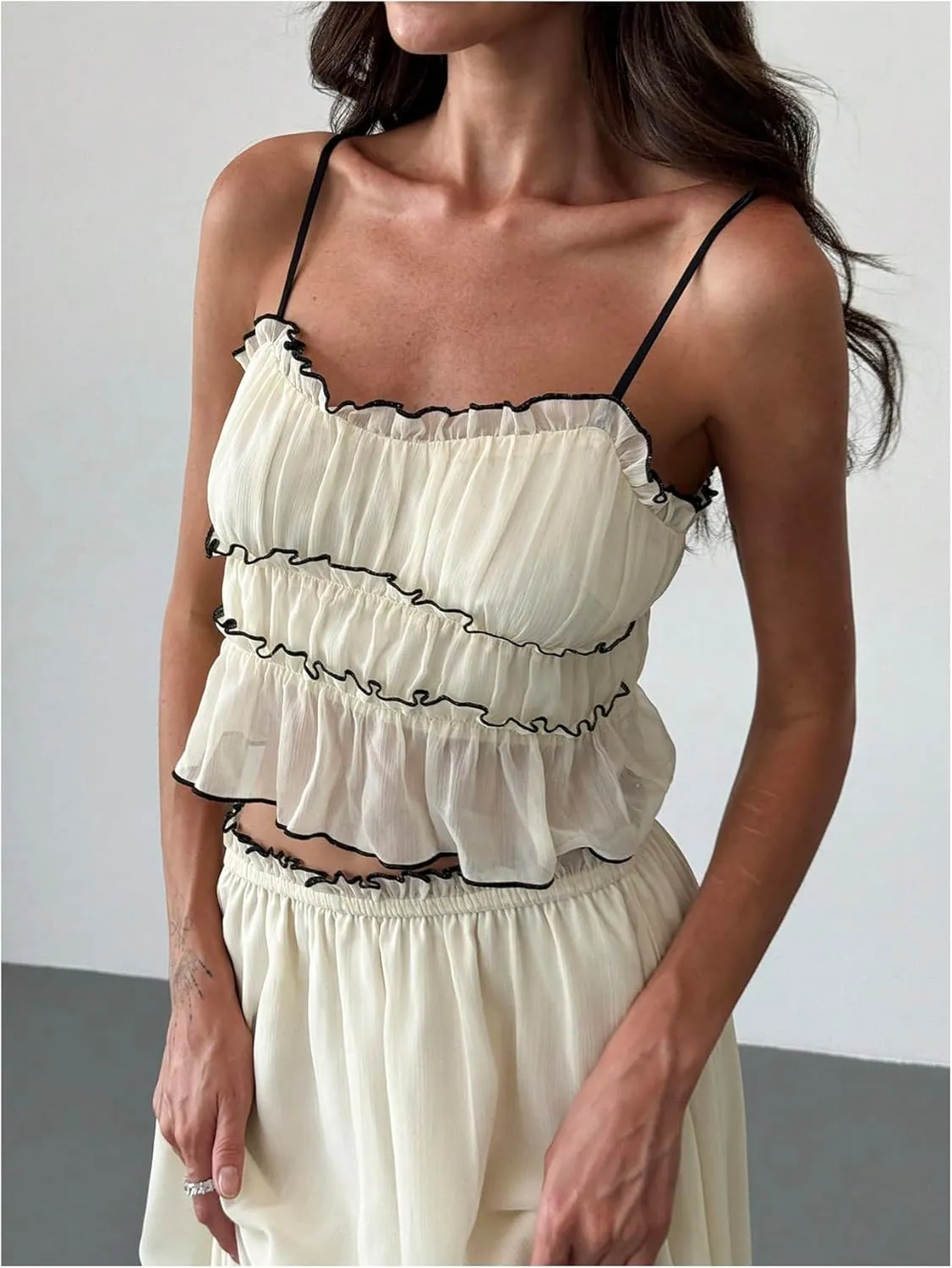 SOLY HUX Women's Skirt Sets 2 Piece Outfits Contrast Trim Ruffle Hem Cami Tops and Maxi Skirt Vacation Set