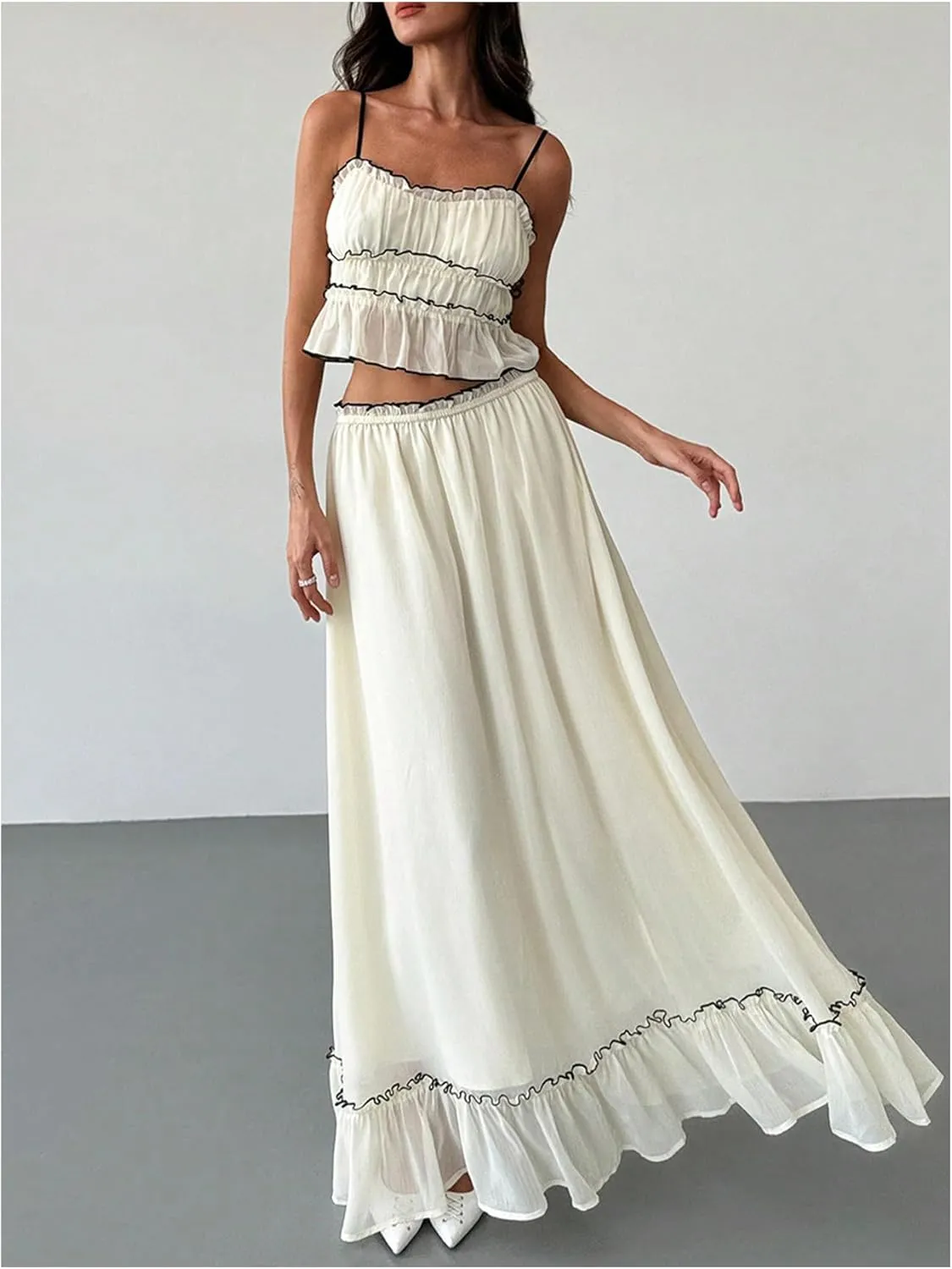 SOLY HUX Women's Skirt Sets 2 Piece Outfits Contrast Trim Ruffle Hem Cami Tops and Maxi Skirt Vacation Set