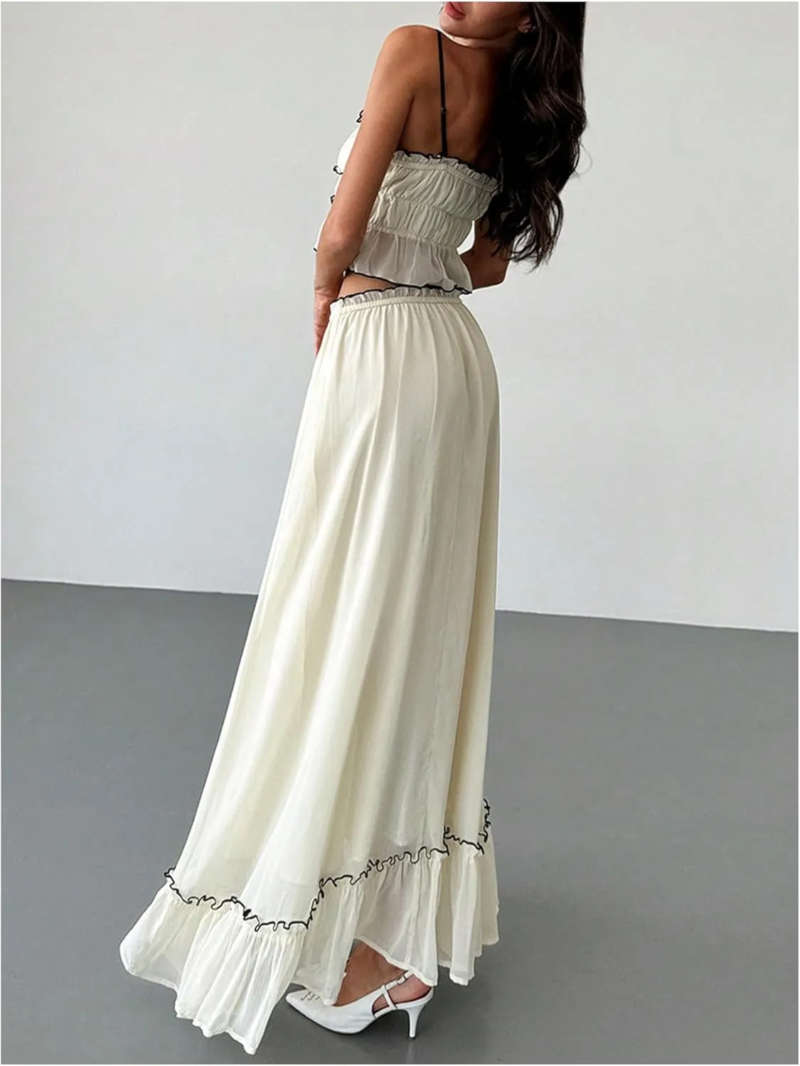 SOLY HUX Women's Skirt Sets 2 Piece Outfits Contrast Trim Ruffle Hem Cami Tops and Maxi Skirt Vacation Set