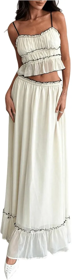 SOLY HUX Women's Skirt Sets 2 Piece Outfits Contrast Trim Ruffle Hem Cami Tops and Maxi Skirt Vacation Set
