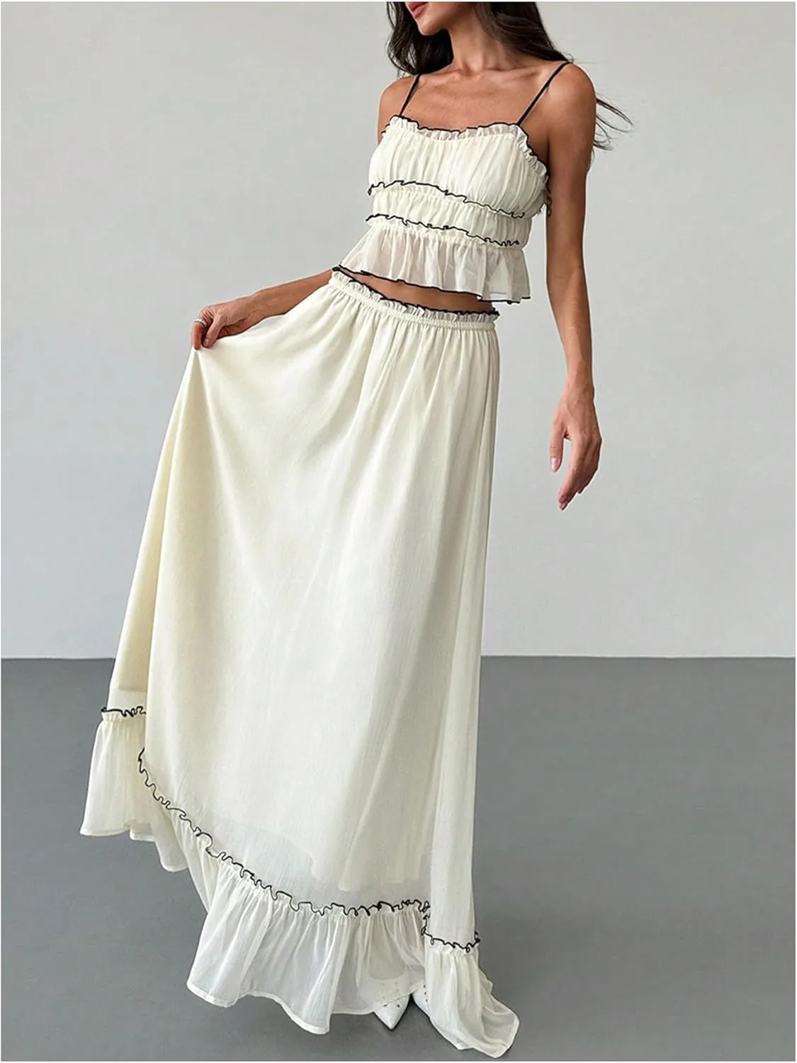SOLY HUX Women's Skirt Sets 2 Piece Outfits Contrast Trim Ruffle Hem Cami Tops and Maxi Skirt Vacation Set