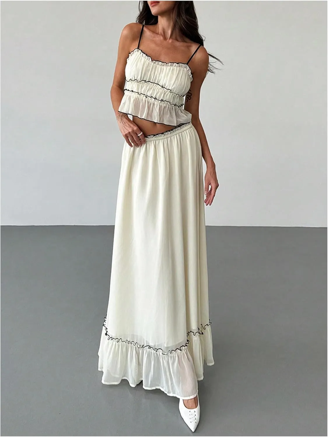 SOLY HUX Women's Skirt Sets 2 Piece Outfits Contrast Trim Ruffle Hem Cami Tops and Maxi Skirt Vacation Set