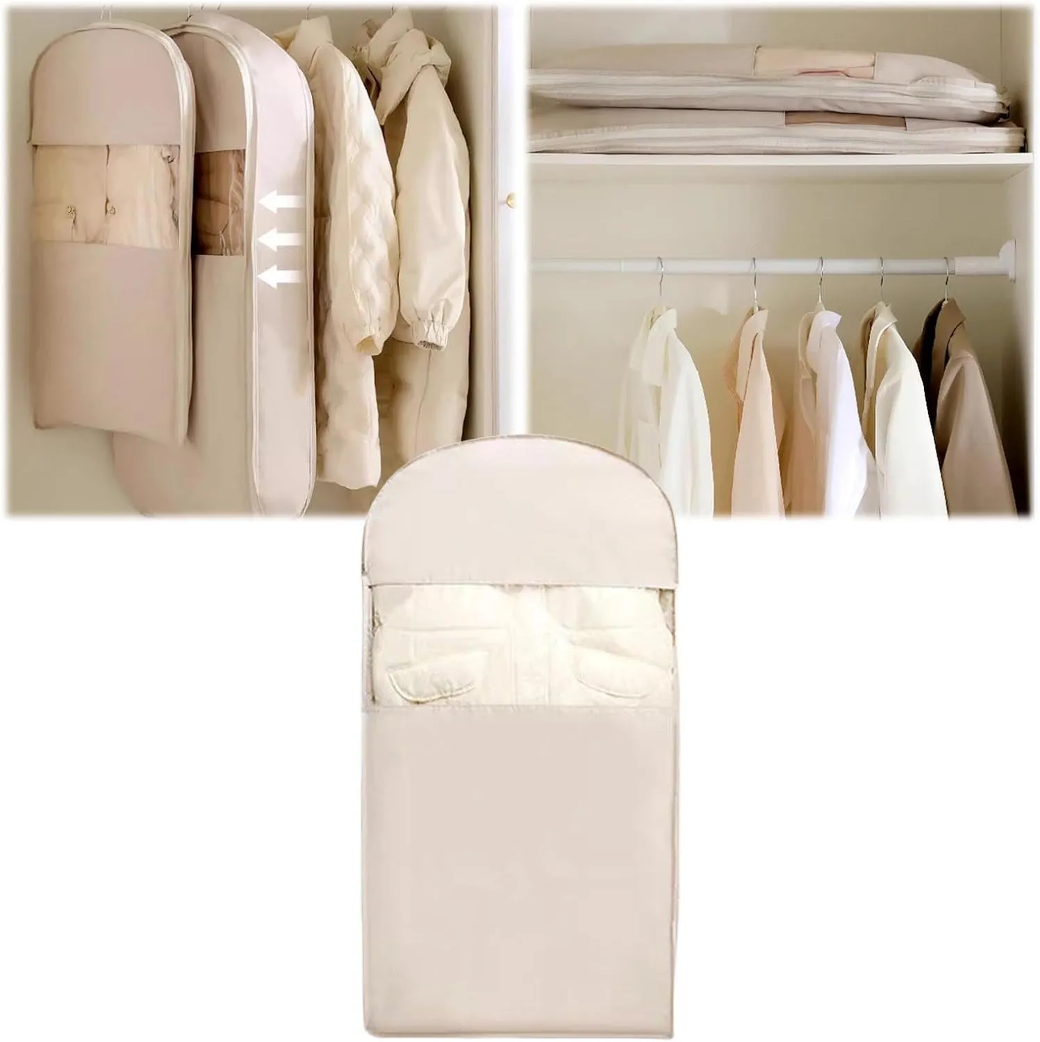 Space Saving Hanging Garment Bag with Self Compression Zipper,Space Hanging Garment Bags for Closet Storage,Water Prevention (Beige, M)