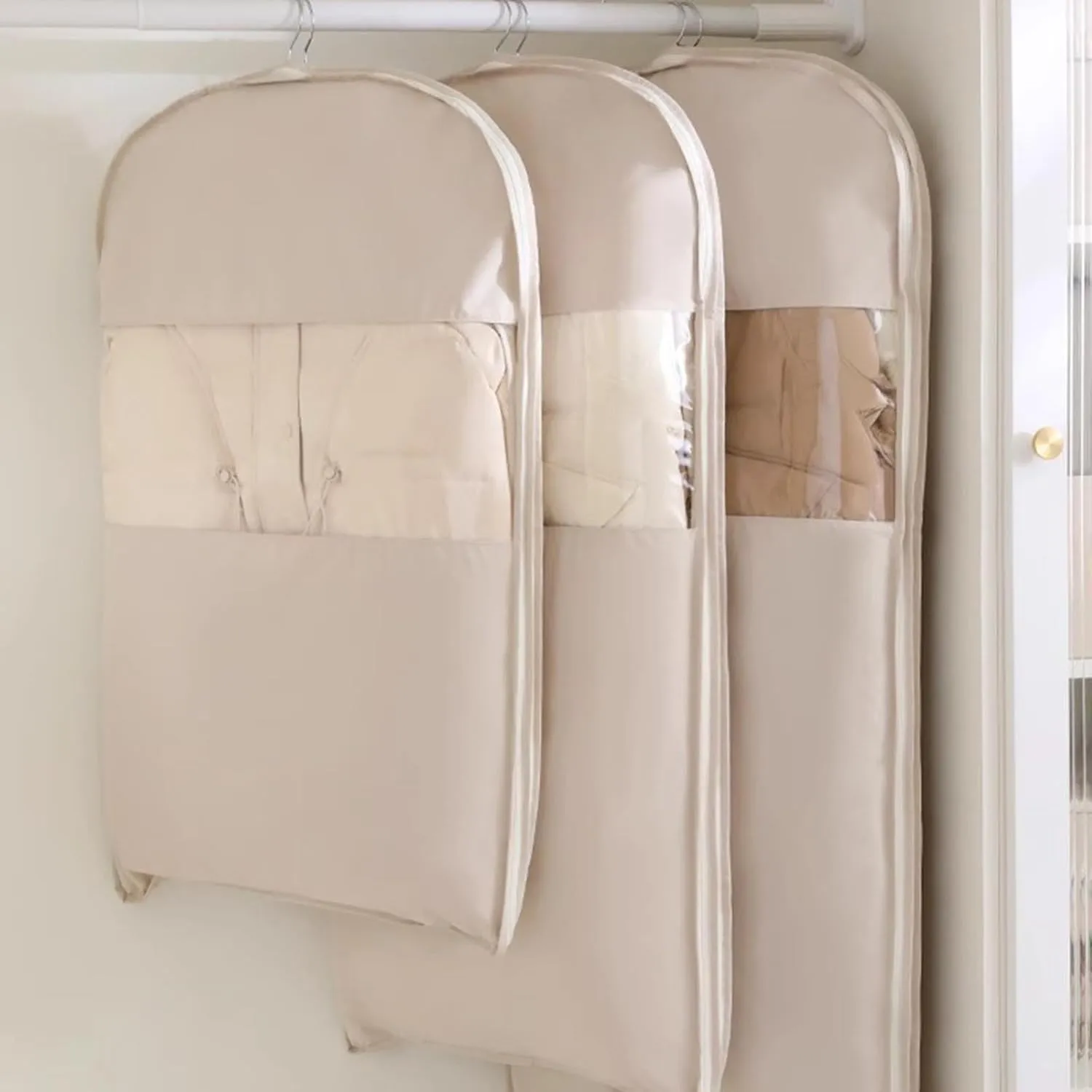 Space Saving Hanging Garment Bag with Self Compression Zipper,Space Hanging Garment Bags for Closet Storage,Water Prevention (Beige, M)