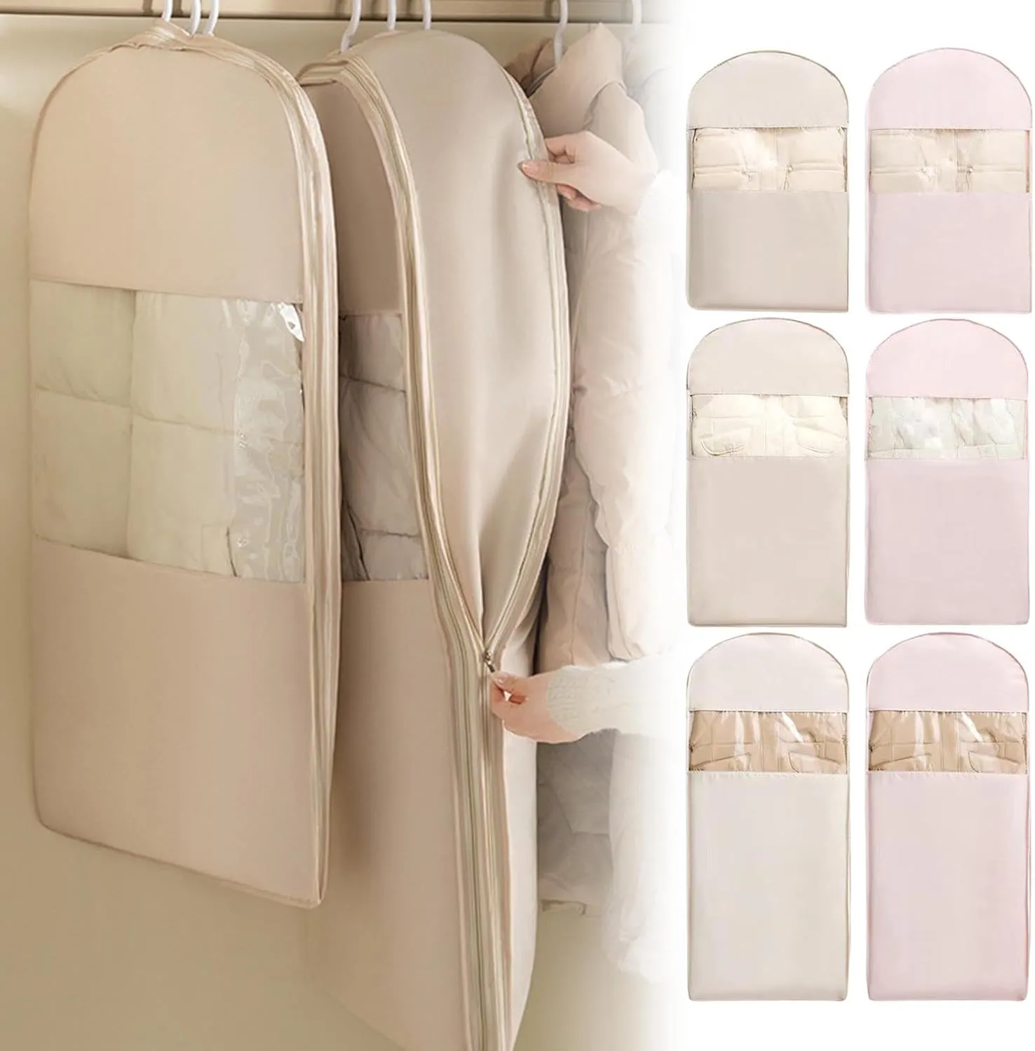 Space Saving Hanging Garment Bag with Self Compression Zipper,Space Hanging Garment Bags for Closet Storage,Water Prevention (Beige, M)