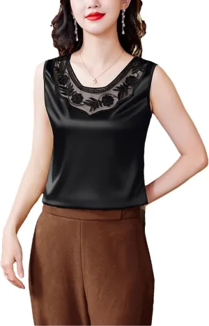 Spring Summer Casual Lace Vest Shirt Round Neck Patchwork Embroidered Satin Women Camisole Tank Top