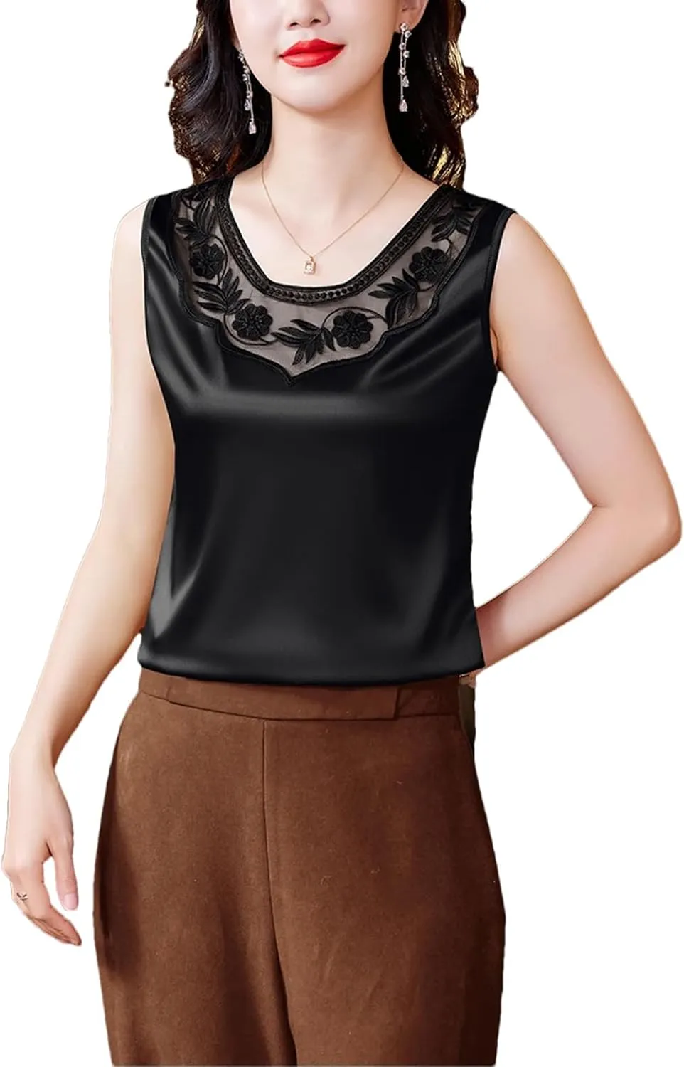 Spring Summer Casual Lace Vest Shirt Round Neck Patchwork Embroidered Satin Women Camisole Tank Top