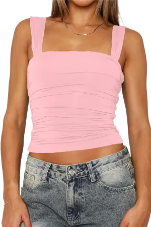 Square Neck Tank Top Woman - Double Lined Going Out Tops Summer Ruched Backless Crop Strappy Cute
