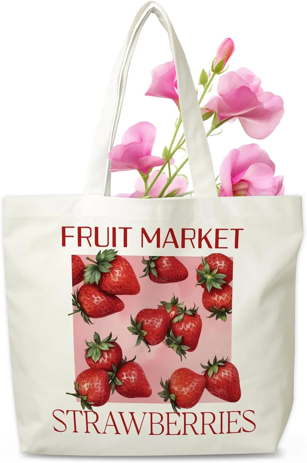 Strawberries Canvas Tote Bag, Fruit Market Grocery Bag, Farmers Market Tote, Beach Bag Gifts For Women Strawberries Lovers Friends Family, Funny Spring Summer Party Reusable Shopping Bag, 06