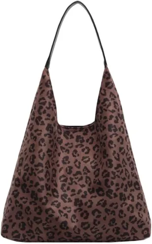 Suede Tote Bag for Women Retro Vintage Leopard Print Hobo Shoulder Tote Bag Large Slouchy Bags for Travel College