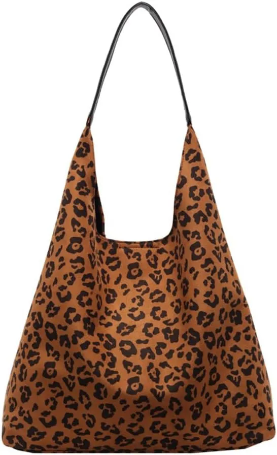 Suede Tote Bag for Women Retro Vintage Leopard Print Hobo Shoulder Tote Bag Large Slouchy Bags for Travel College