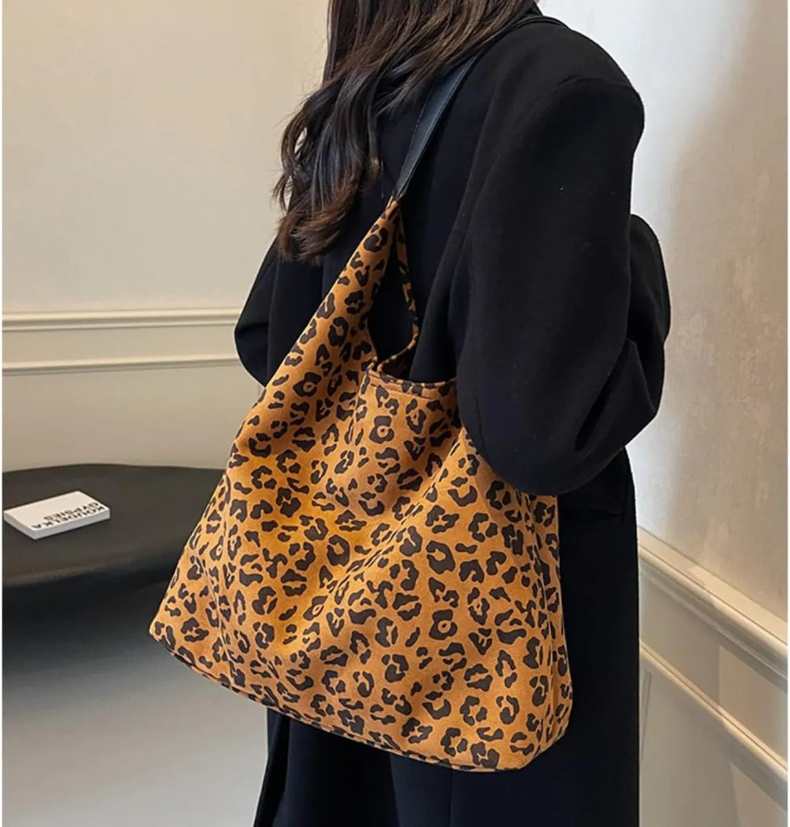 Suede Tote Bag for Women Retro Vintage Leopard Print Hobo Shoulder Tote Bag Large Slouchy Bags for Travel College