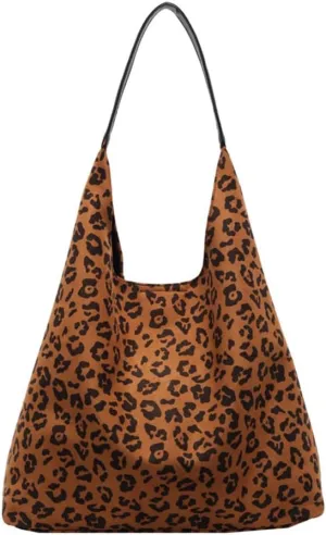 Suede Tote Bag for Women Retro Vintage Leopard Print Hobo Shoulder Tote Bag Large Slouchy Bags for Travel College