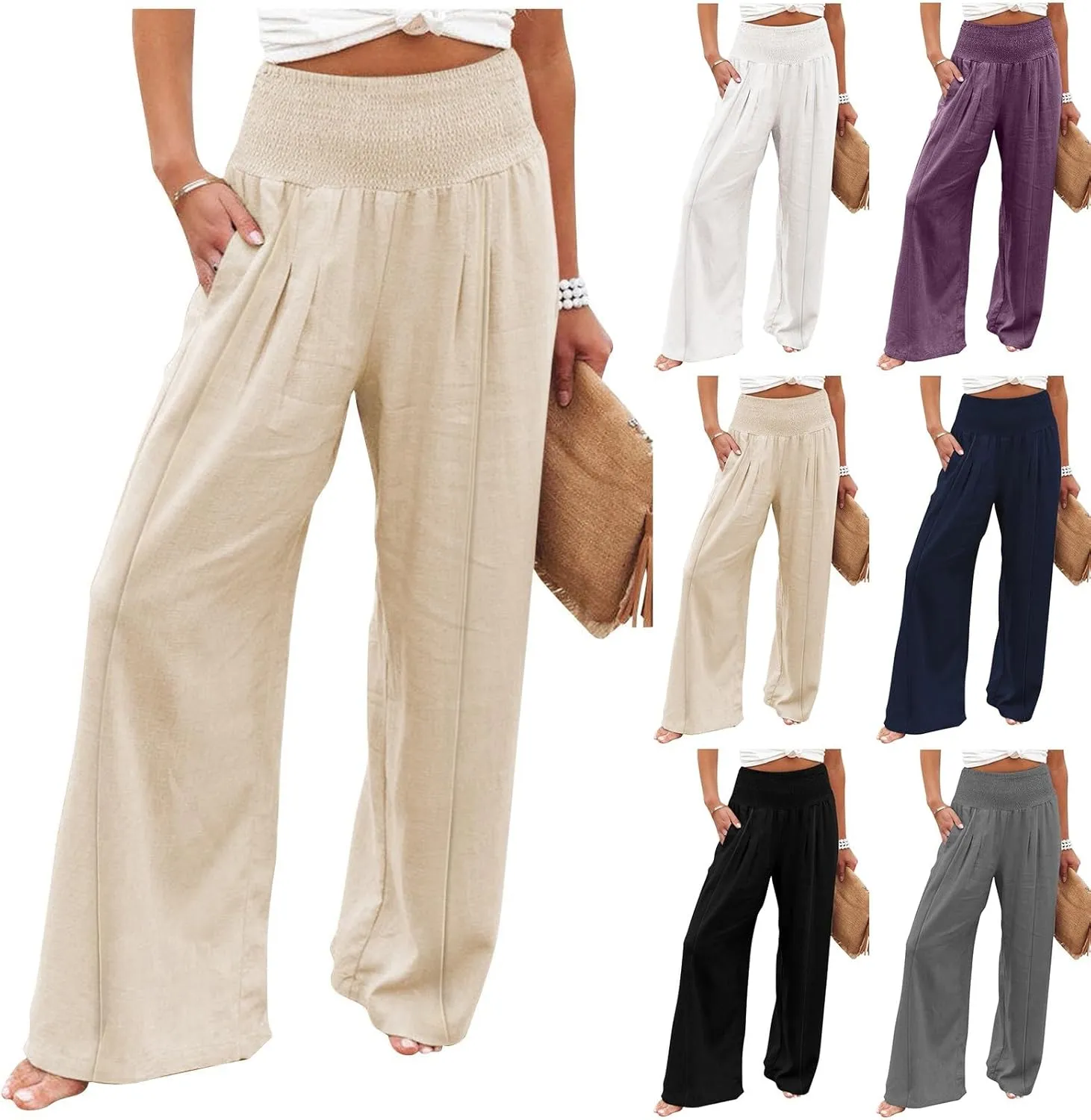 Summer Cotton Linen Pants Women Pleated High Waisted Wide Leg Pants Boho Lounge Pant Baggy Palazzo Pant