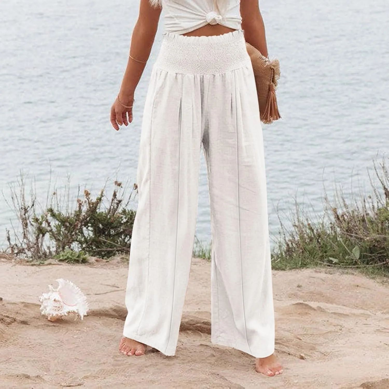 Summer Cotton Linen Pants Women Pleated High Waisted Wide Leg Pants Boho Lounge Pant Baggy Palazzo Pant