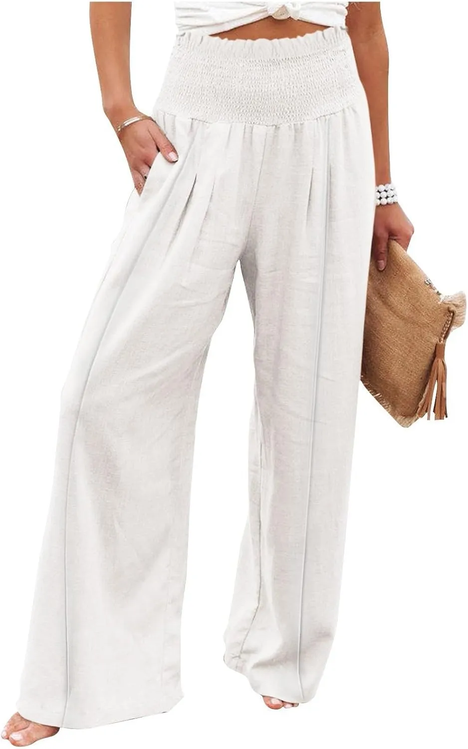 Summer Cotton Linen Pants Women Pleated High Waisted Wide Leg Pants Boho Lounge Pant Baggy Palazzo Pant