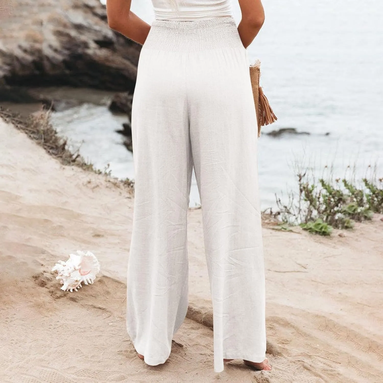 Summer Cotton Linen Pants Women Pleated High Waisted Wide Leg Pants Boho Lounge Pant Baggy Palazzo Pant