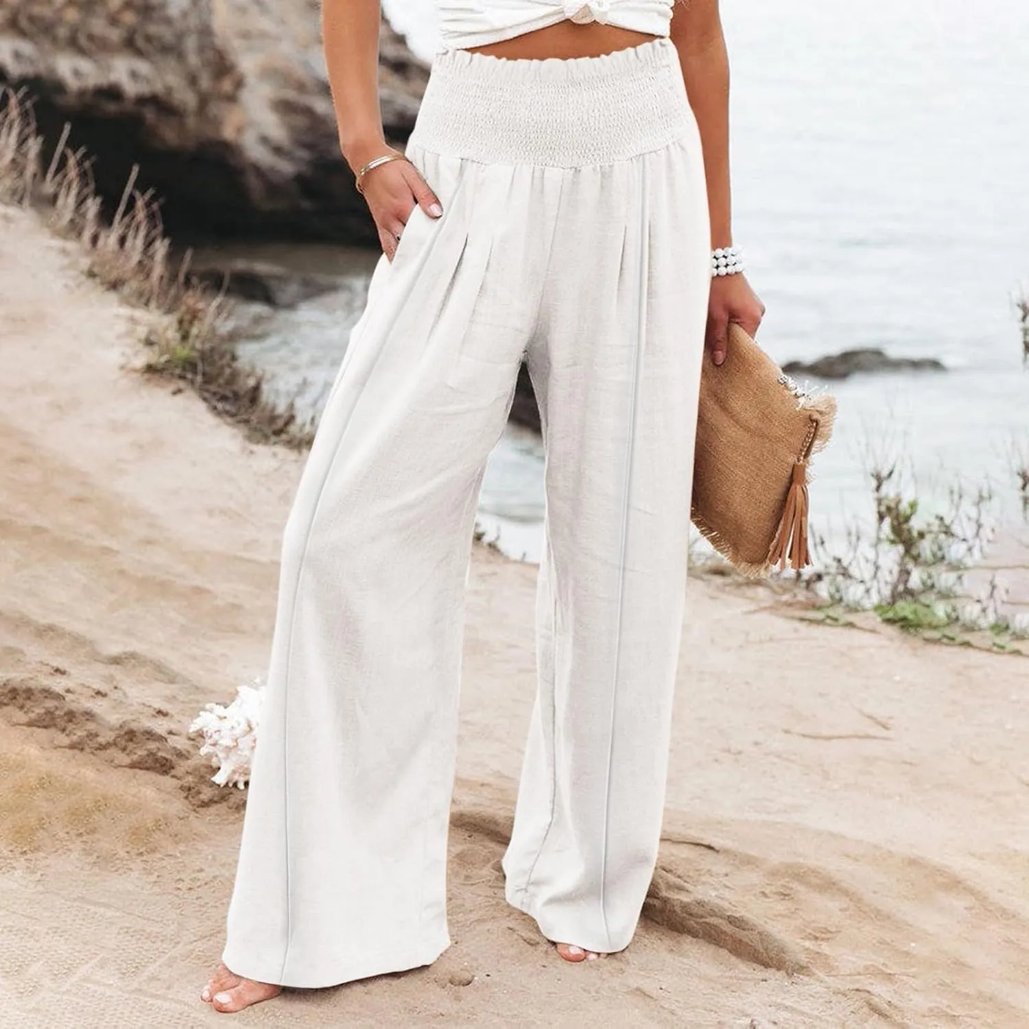 Summer Cotton Linen Pants Women Pleated High Waisted Wide Leg Pants Boho Lounge Pant Baggy Palazzo Pant