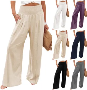 Summer Cotton Linen Pants Women Pleated High Waisted Wide Leg Pants Boho Lounge Pant Baggy Palazzo Pant