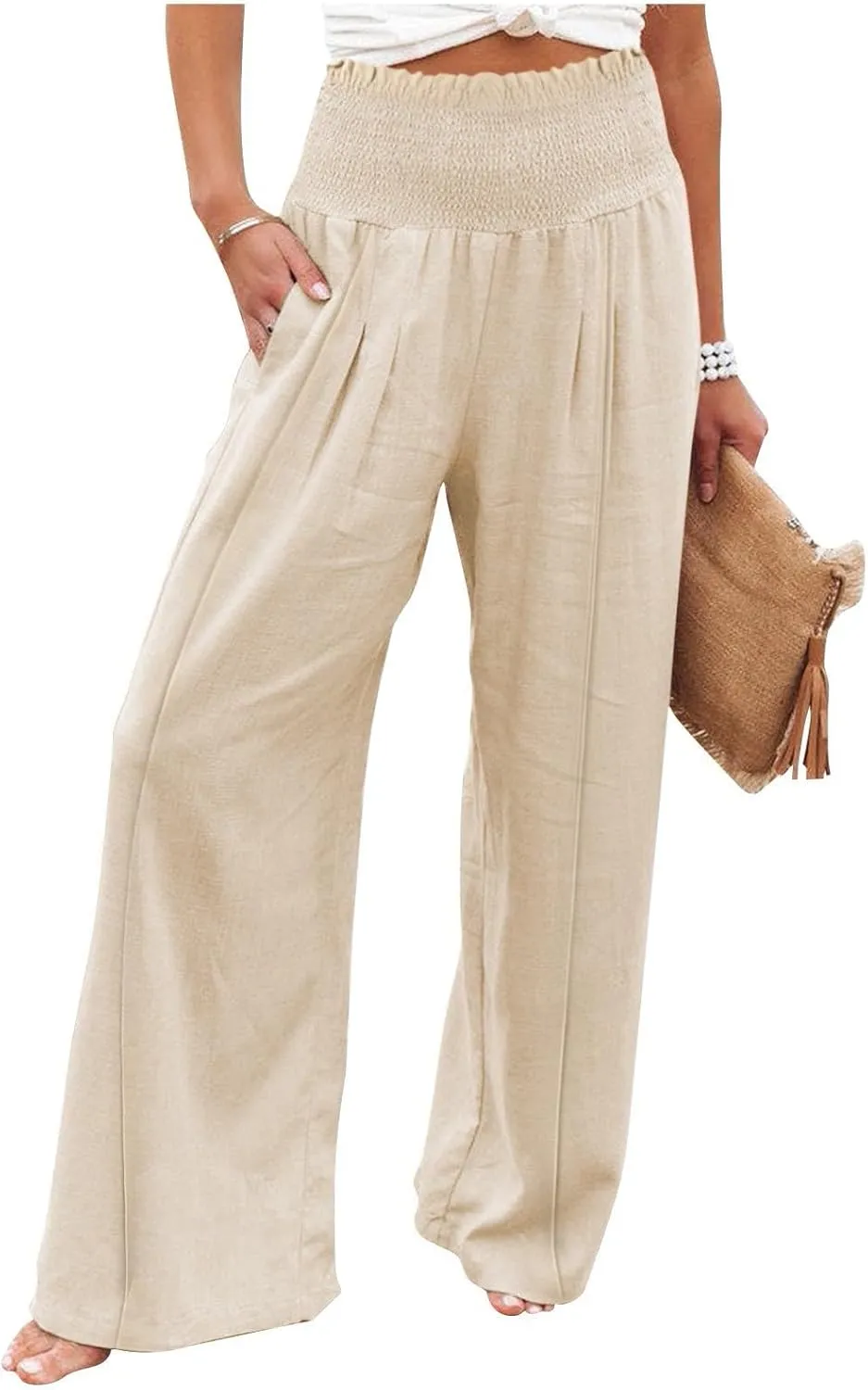 Summer Cotton Linen Pants Women Pleated High Waisted Wide Leg Pants Boho Lounge Pant Baggy Palazzo Pant