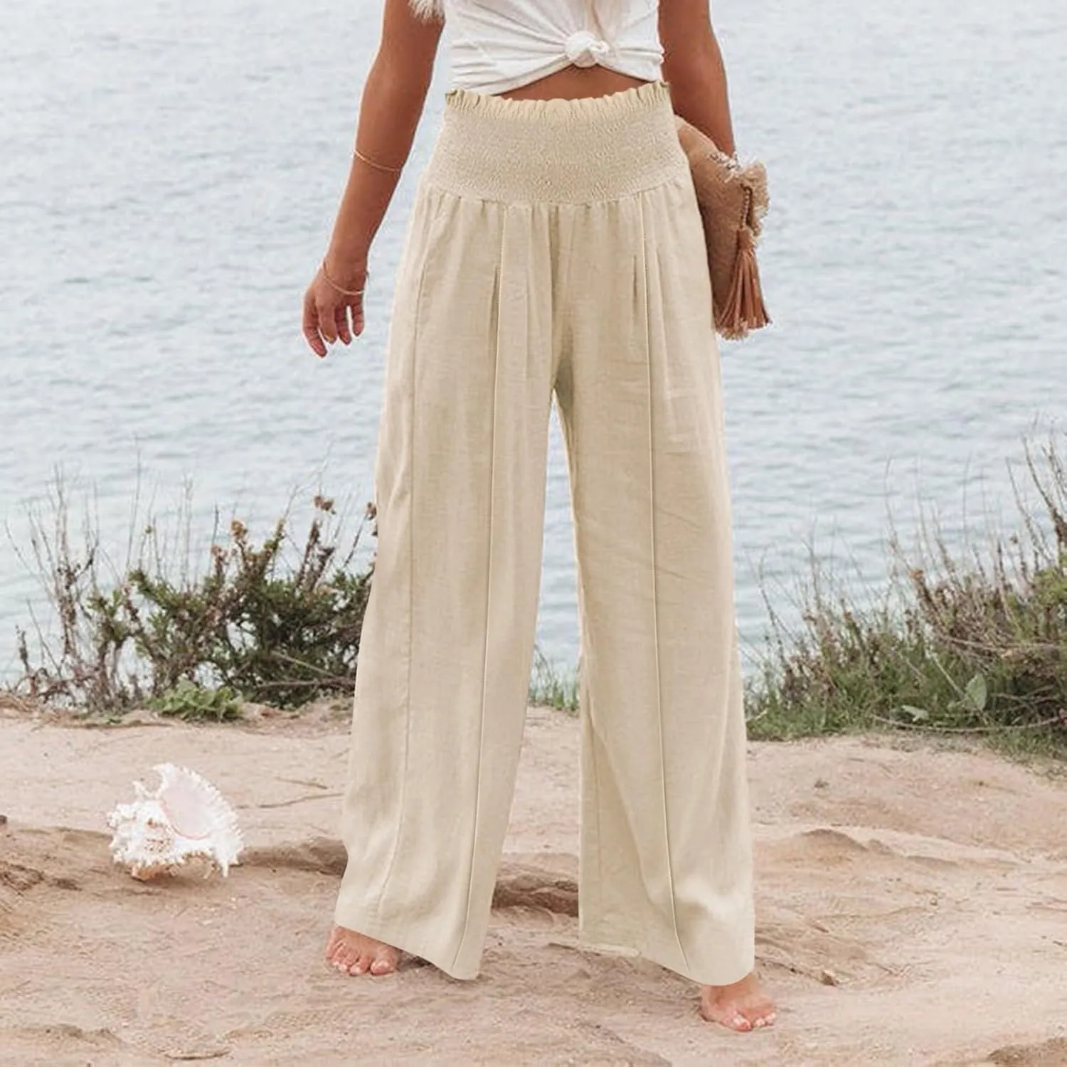 Summer Cotton Linen Pants Women Pleated High Waisted Wide Leg Pants Boho Lounge Pant Baggy Palazzo Pant