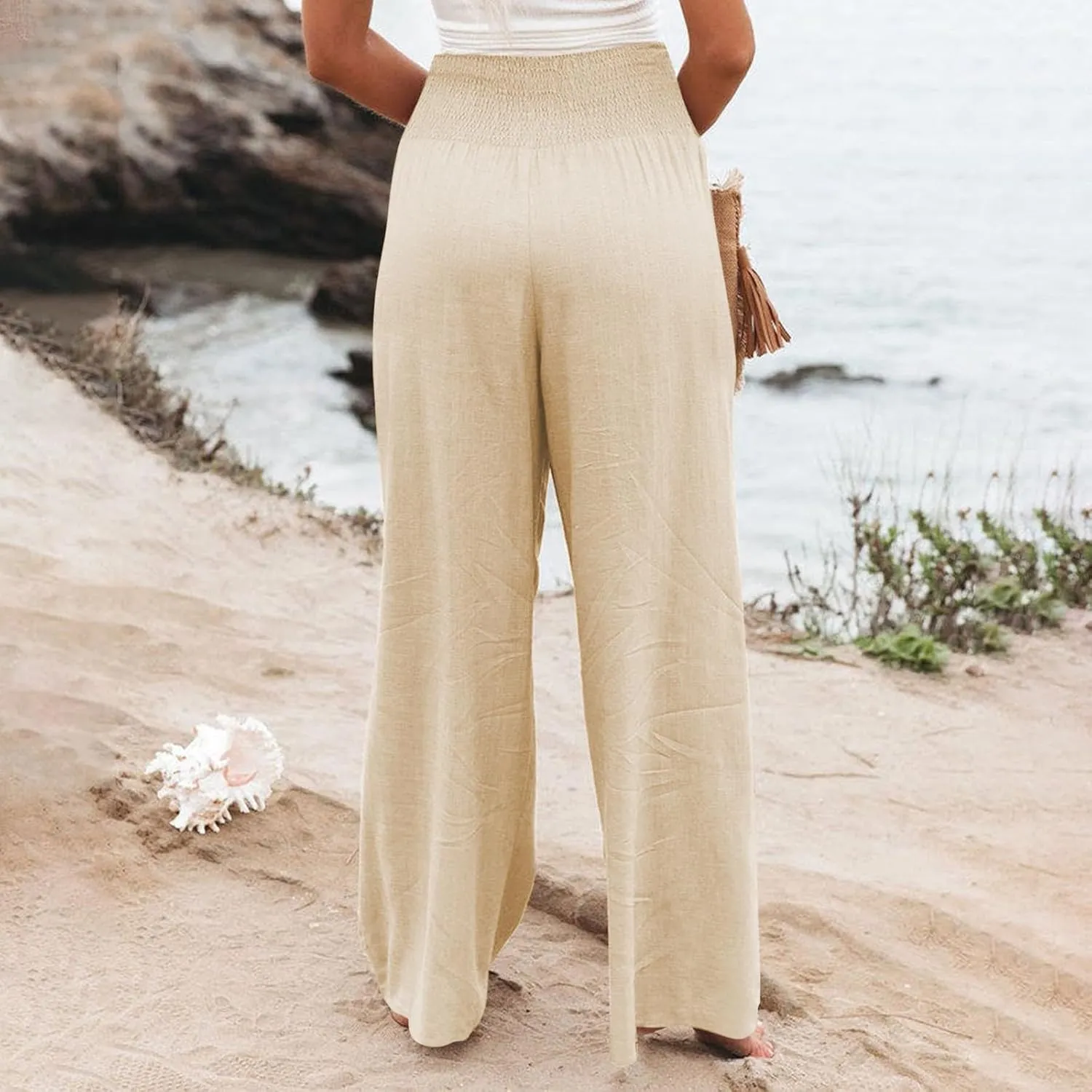 Summer Cotton Linen Pants Women Pleated High Waisted Wide Leg Pants Boho Lounge Pant Baggy Palazzo Pant