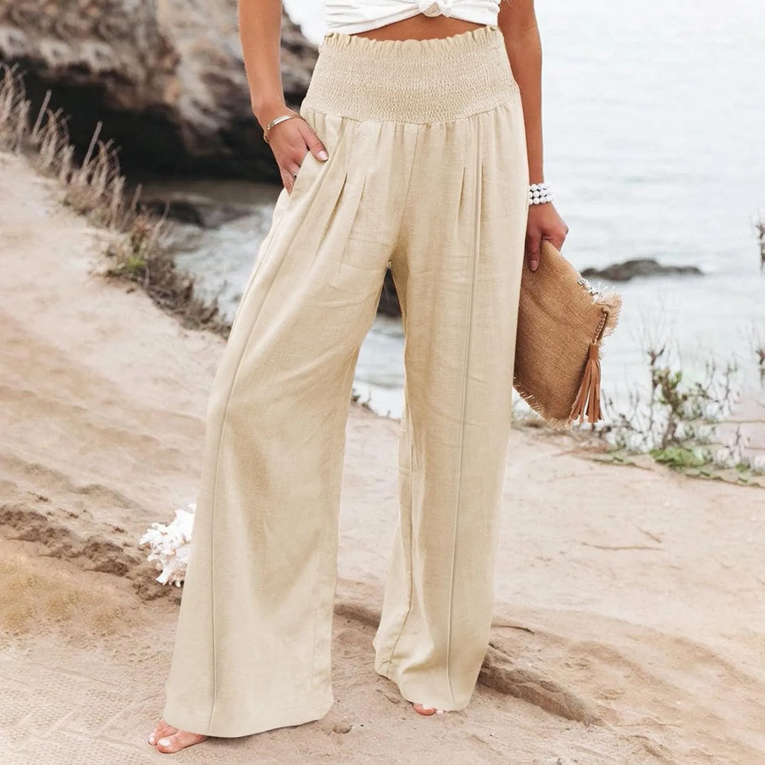 Summer Cotton Linen Pants Women Pleated High Waisted Wide Leg Pants Boho Lounge Pant Baggy Palazzo Pant