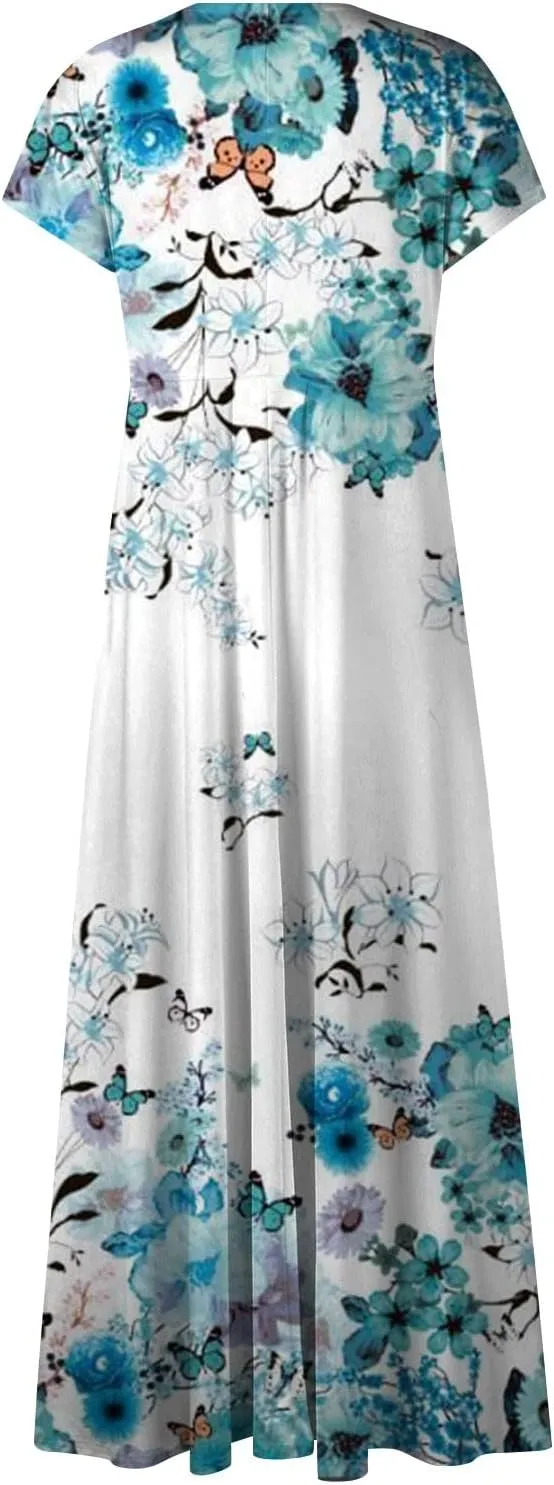 Summer Dresses for Women 2024 Floral Print Beach Dress Short Sleeves Elegant Sundresses Wrap V Neck Flowy Maxi Dress