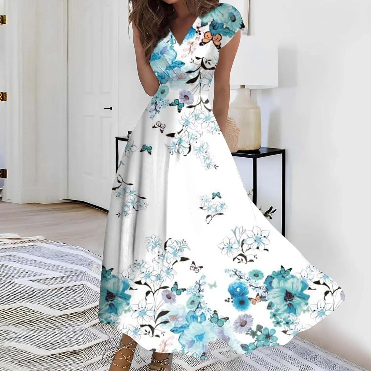 Summer Dresses for Women 2024 Floral Print Beach Dress Short Sleeves Elegant Sundresses Wrap V Neck Flowy Maxi Dress