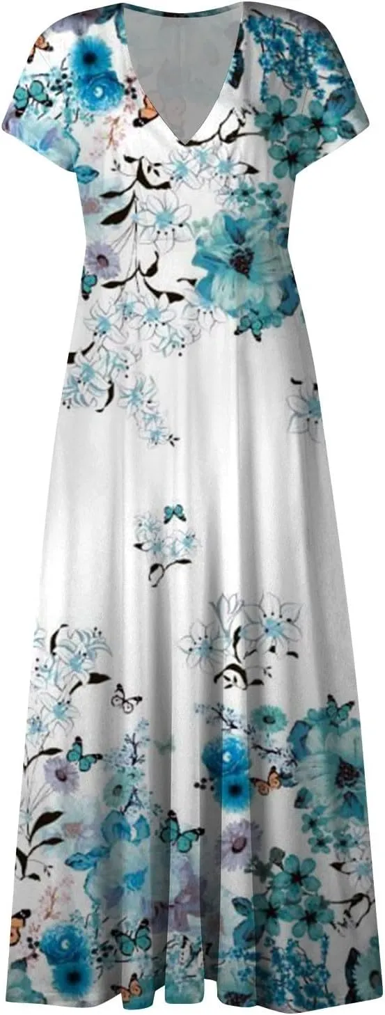 Summer Dresses for Women 2024 Floral Print Beach Dress Short Sleeves Elegant Sundresses Wrap V Neck Flowy Maxi Dress