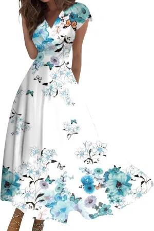 Summer Dresses for Women 2024 Floral Print Beach Dress Short Sleeves Elegant Sundresses Wrap V Neck Flowy Maxi Dress