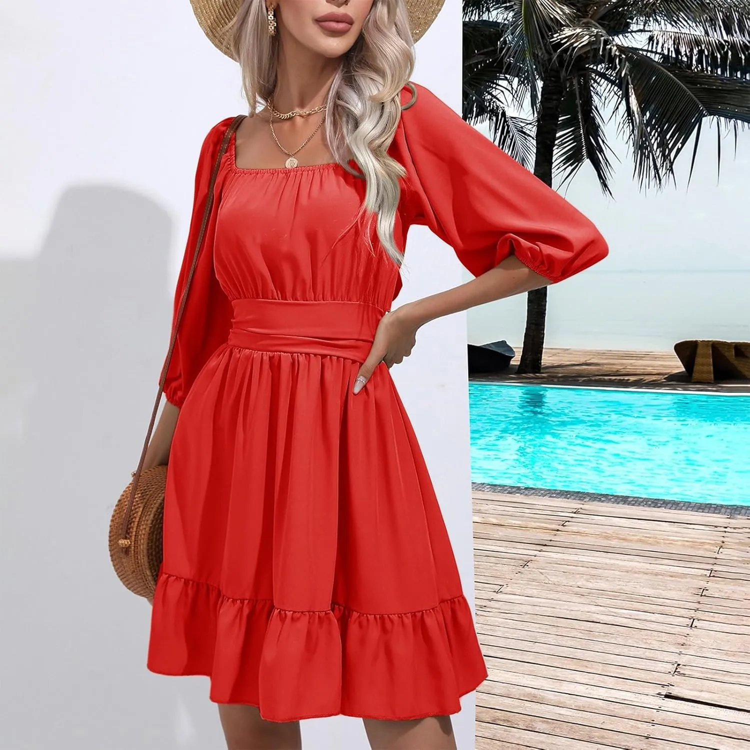 Summer Short Sleeve Boho Dress Casual Square Neck Sexy Mini Dress Elegant Formal Ruched Flowy A Line Ruffle Dress
