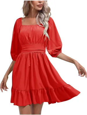 Summer Short Sleeve Boho Dress Casual Square Neck Sexy Mini Dress Elegant Formal Ruched Flowy A Line Ruffle Dress