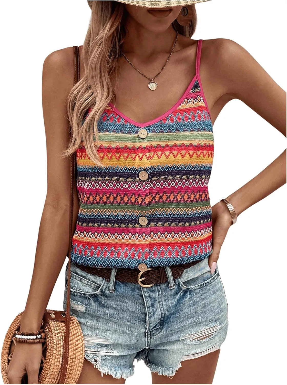 SweatyRocks Women's Striped Camisole Button Front V Neck Sleeveless Boho Cami Tops