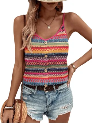 SweatyRocks Women's Striped Camisole Button Front V Neck Sleeveless Boho Cami Tops