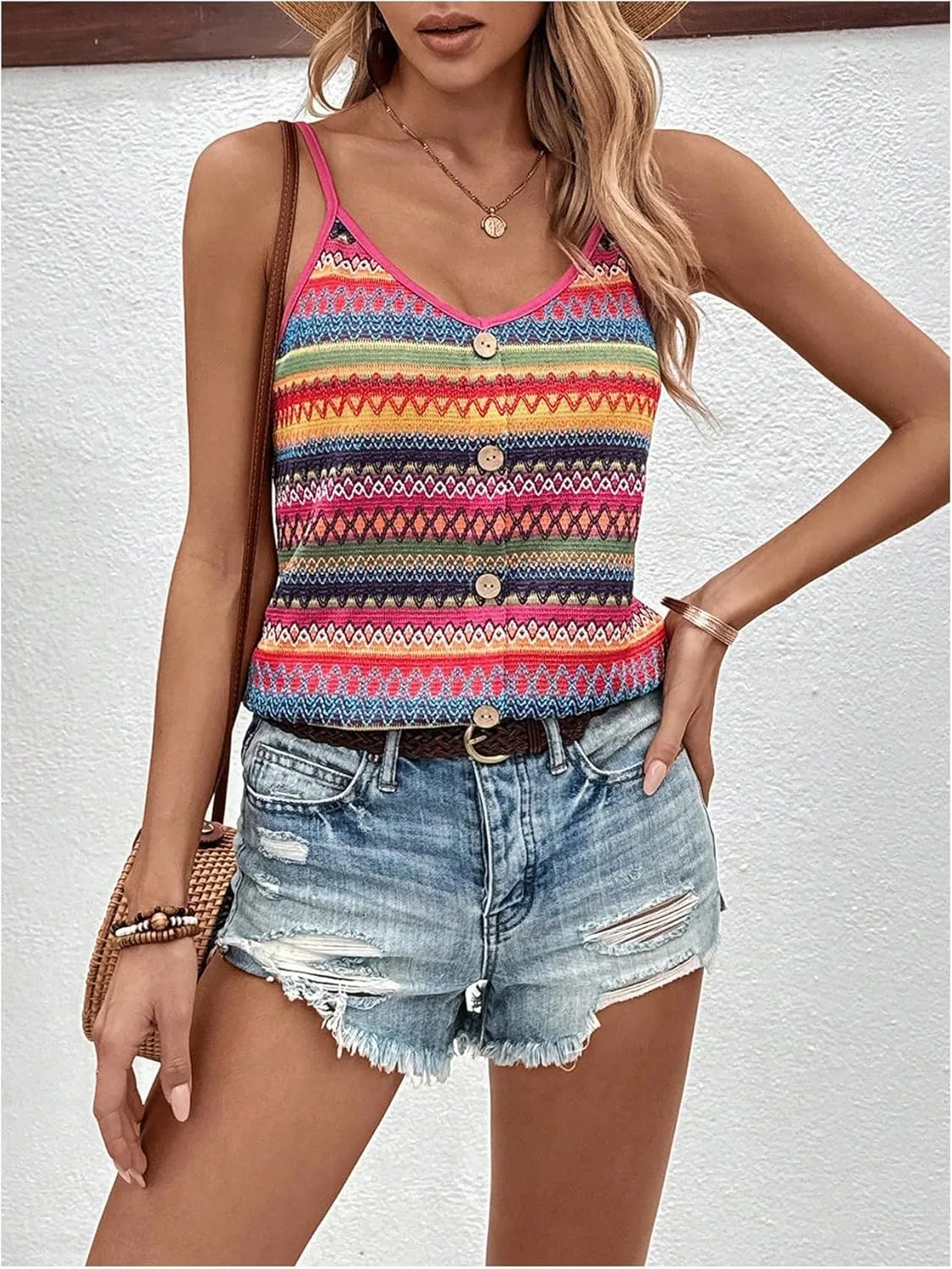 SweatyRocks Women's Striped Camisole Button Front V Neck Sleeveless Boho Cami Tops