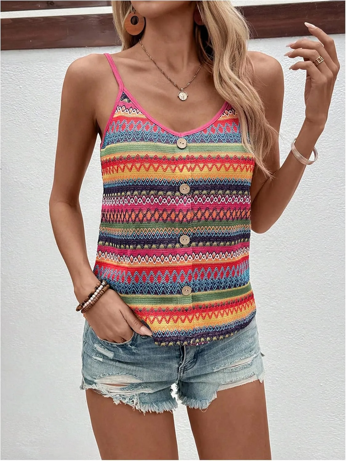 SweatyRocks Women's Striped Camisole Button Front V Neck Sleeveless Boho Cami Tops